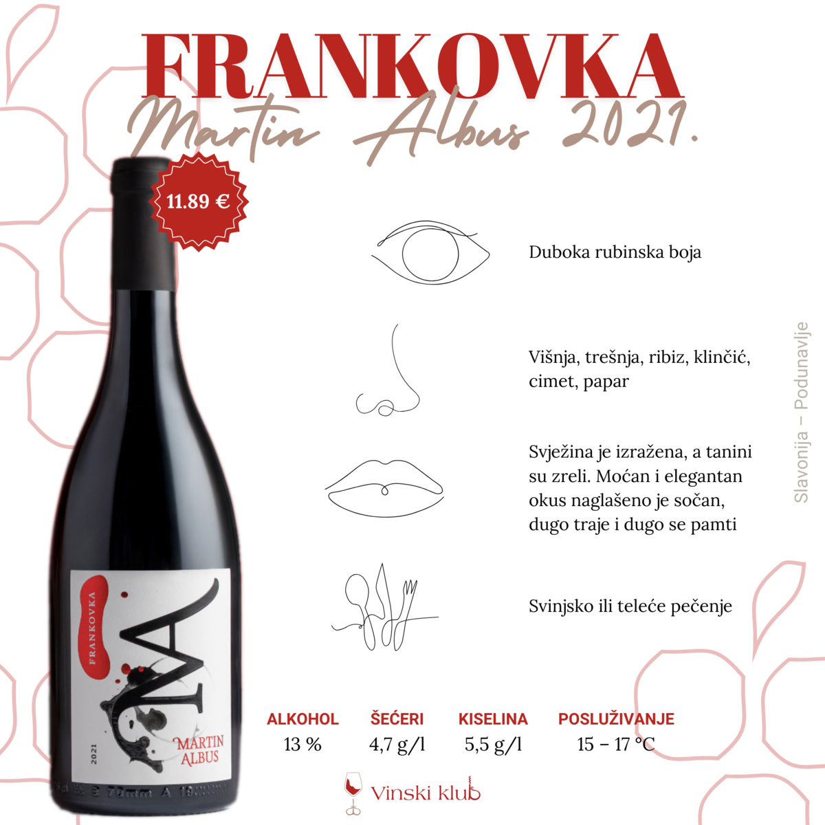 A bottle of Frankovka 2021 from PP Orahovica's premium line, beside a glass of ruby-red wine.