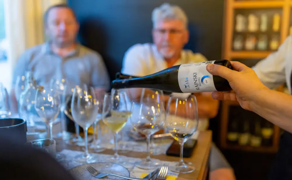 Glasses of sparkling wine, Riesling and macerated wines presented after success at Decanter.
