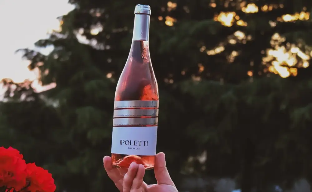 Rosella 2024 from the Poletti winery, a rosé from muškat ruža crni, in a glass in an autumn setting.