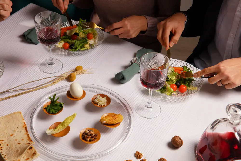 A restaurant table set for a food and wine pairing